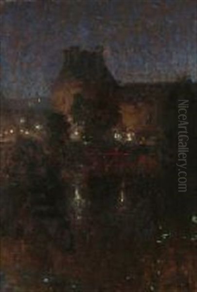 Late Evening In Paris With A View Towards Louvre Oil Painting by Julius Paulsen