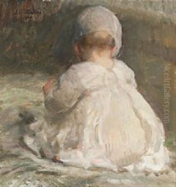 A Little Girl Sitting With Back Turned Oil Painting by Julius Paulsen