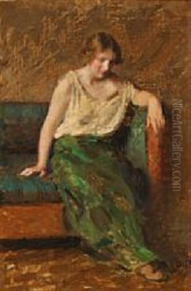 A Female Model Sitting In A Sofa Oil Painting by Julius Paulsen