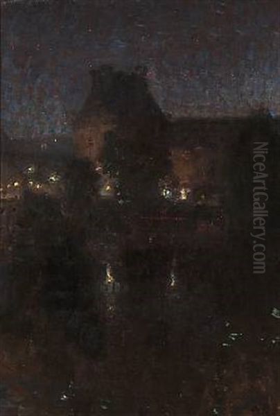 Late Evening In Paris With A View Towards Louvre Oil Painting by Julius Paulsen