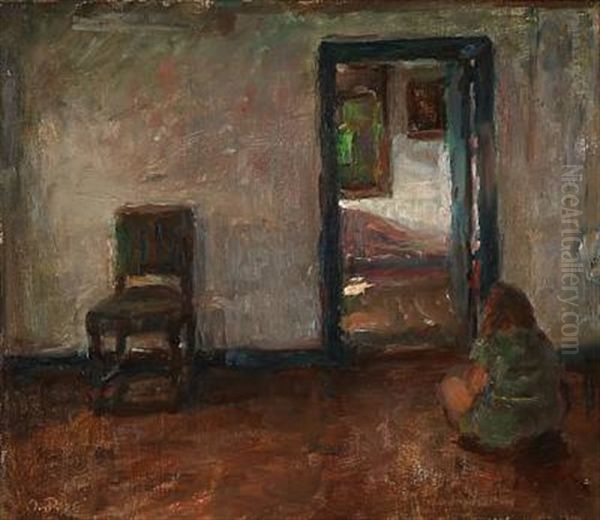 An Interior With A Girl Sitting On The Floor Oil Painting by Julius Paulsen