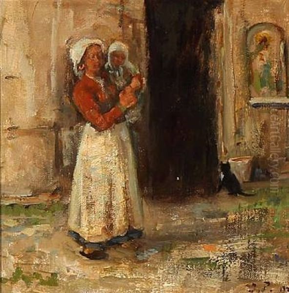 Italian Woman With A Child In Her Arms Oil Painting by Julius Paulsen