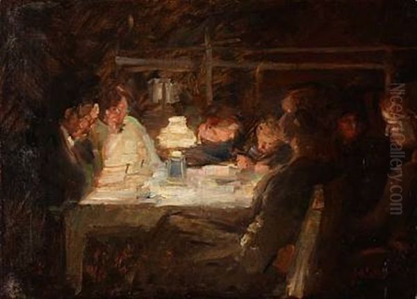 A Family Around A Table Oil Painting by Julius Paulsen