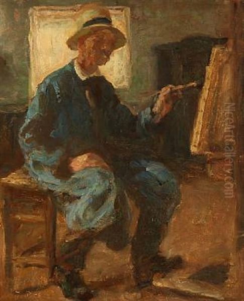 The Artist's Self-portrait At The Easel Oil Painting by Julius Paulsen