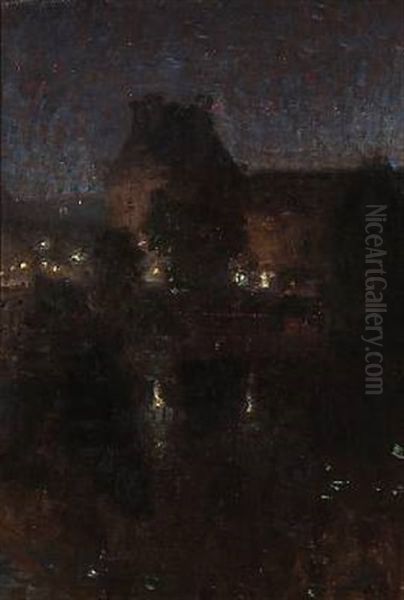 Late Evening In Paris With A View Towards Louvre Oil Painting by Julius Paulsen