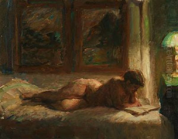 Interior With A Nude Woman Reading On Her Bed Oil Painting by Julius Paulsen