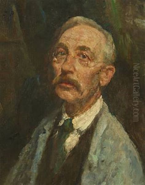 Self Portrait In Smock And Green Tie Oil Painting by Julius Paulsen