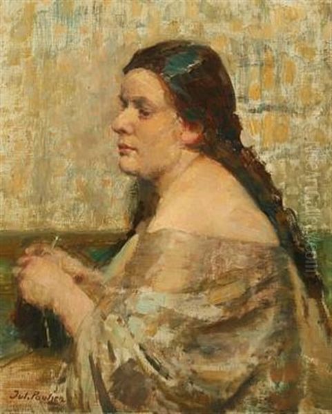 Knitting Woman In A Grey Dress Oil Painting by Julius Paulsen