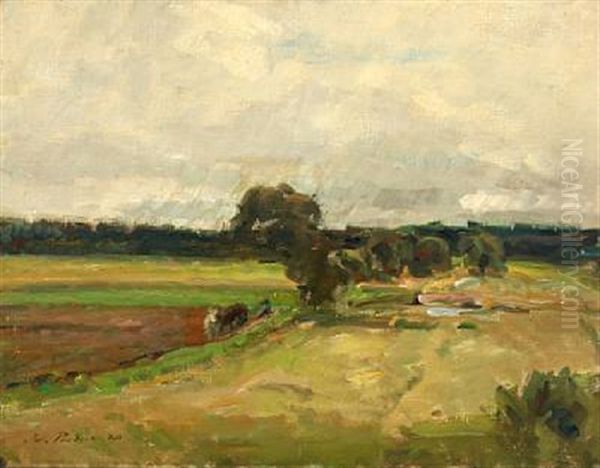 Landscape With Open Fields Oil Painting by Julius Paulsen