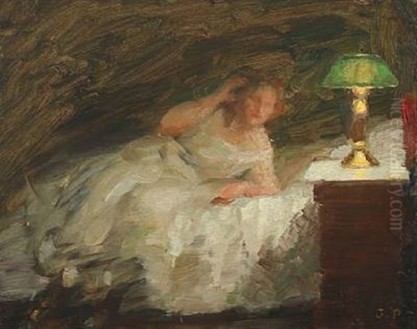 Reclining Woman In The Glow Of The Lamp Oil Painting by Julius Paulsen