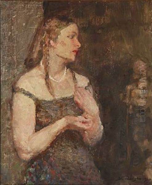 A Woman In A Green Dress And Necklace Oil Painting by Julius Paulsen