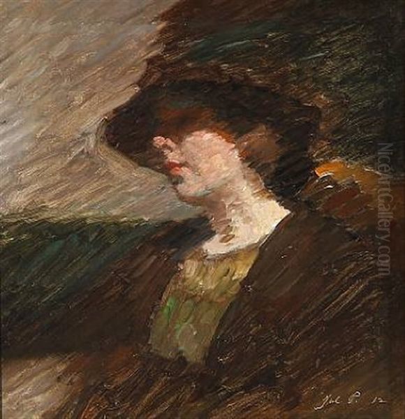 Woman With A Broad-brimmed Hat Oil Painting by Julius Paulsen