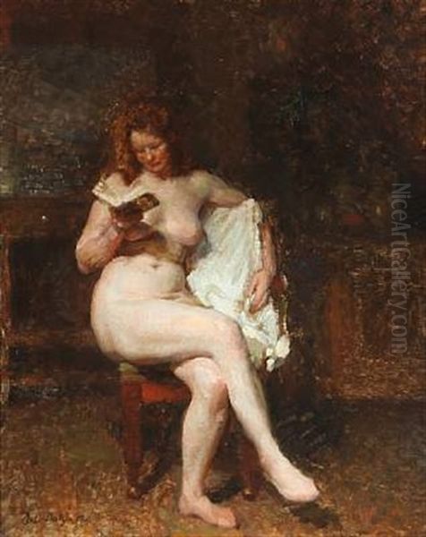 A Reading Female Nude Oil Painting by Julius Paulsen