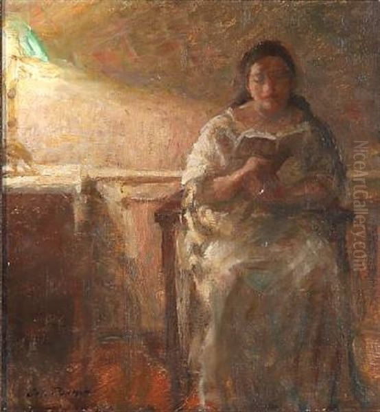 A Woman Reading In An Armchair Oil Painting by Julius Paulsen