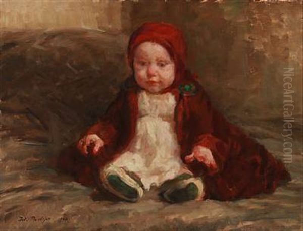 A Little Girl In A Red Coat Oil Painting by Julius Paulsen