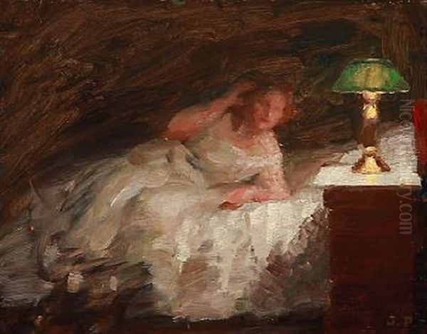 Female Model Lying At The Lamplight Oil Painting by Julius Paulsen