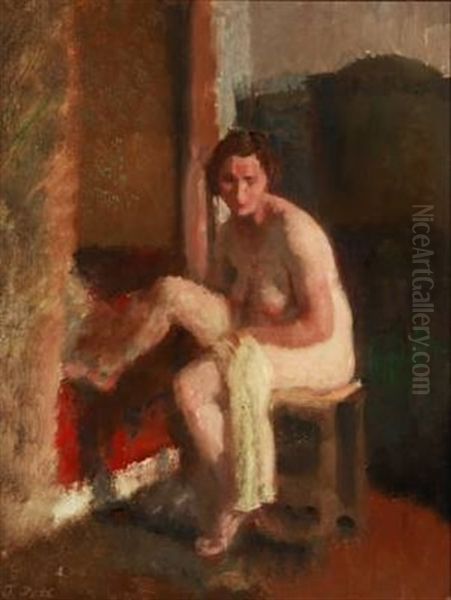 A Nude Female Model Sitting On A Stool Oil Painting by Julius Paulsen