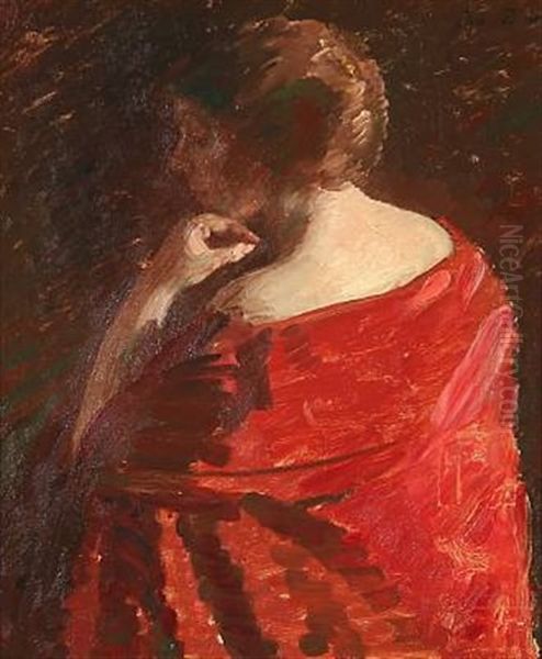 A Lady With A Red Drees Oil Painting by Julius Paulsen