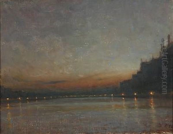 Scene From The Seine At Dust Oil Painting by Julius Paulsen