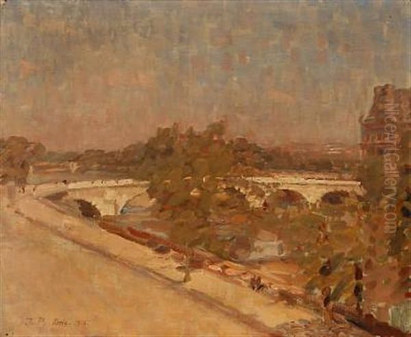 Under Pont Des Arts - Paris Middagssol Oil Painting by Julius Paulsen