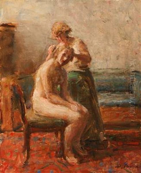 Interior With A Nude Model Having Her Hair Done Oil Painting by Julius Paulsen