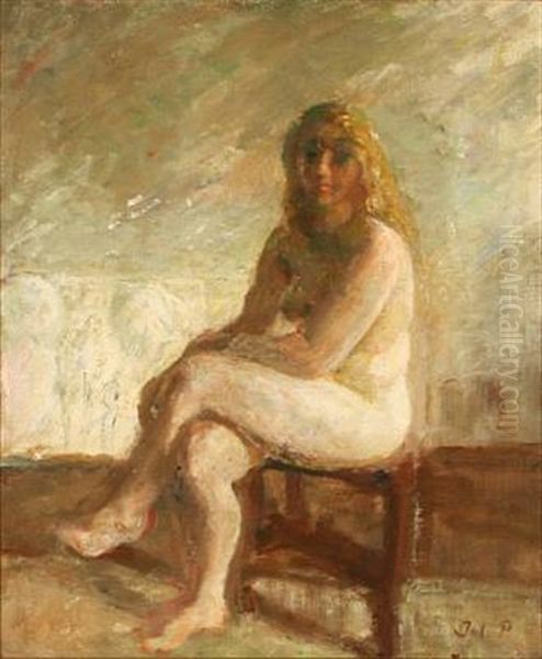 A Nude Female Model Sitting On A Chair Oil Painting by Julius Paulsen