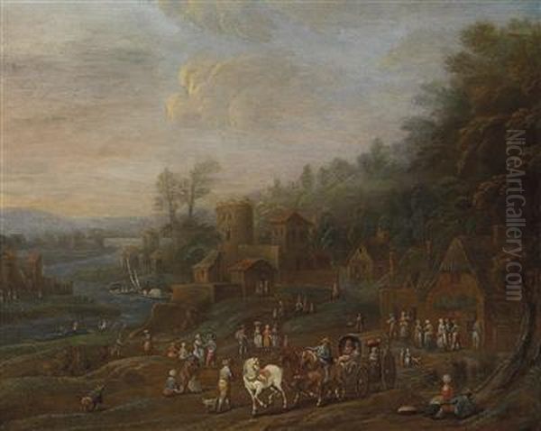 A Wide River Landscape With Travellers On A Road And A Fortified Estate In The Background Oil Painting by Maximilian Blommaerdt