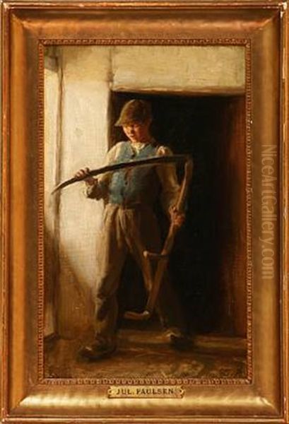 A Peasant With A Scythe Oil Painting by Julius Paulsen