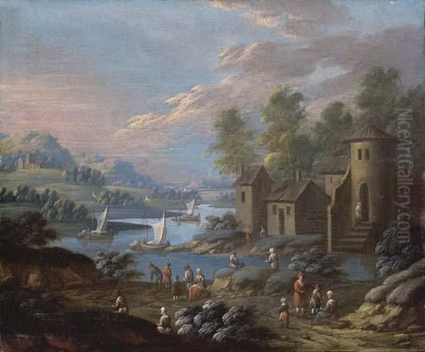 Paysage Avec Un Village Au Bord D'une Riviere Oil Painting by Maximilian Blommaerdt