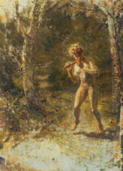 Skovparti Med Flojtespillende Pan Oil Painting by Julius Paulsen