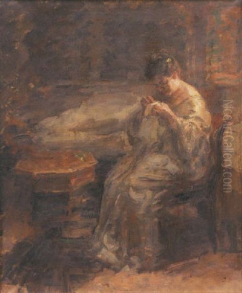 Interior Med Syende Dame Oil Painting by Julius Paulsen