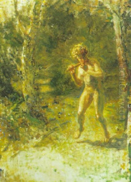 Spillende Faun I Landskab Oil Painting by Julius Paulsen