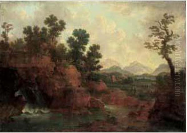 Cascade Dans Un Paysage Anime De Paysans Et De Promeneurs Oil Painting by Maximiliaan Blommaert