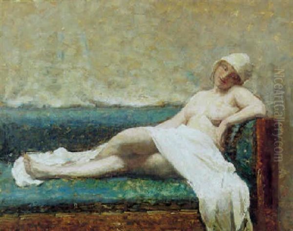 Nogen Kvinde Med Hvidt Draperet Klaede Og Kyse Liggende I En Sofa Oil Painting by Julius Paulsen