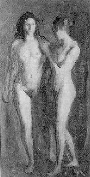 Two Standing Female Nudes Oil Painting by Julius Paulsen