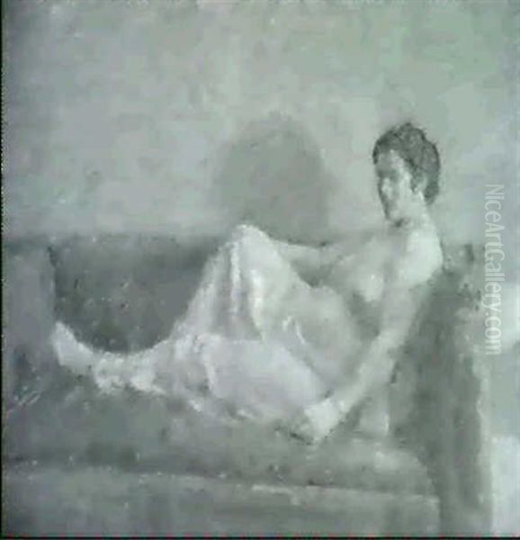 Model Der Ligger Pa Gron Sofa Oil Painting by Julius Paulsen