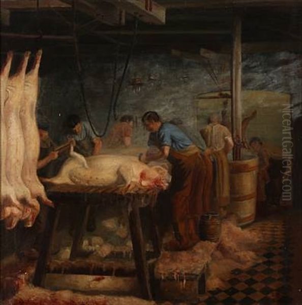 Pig Slaughter Oil Painting by Sophus Paulsen