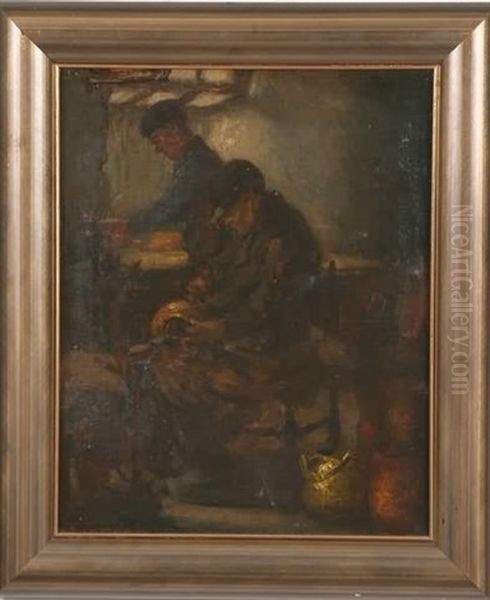 Two Men In Workshop Oil Painting by Francis Petrus Paulus