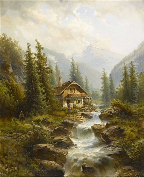 Gebirgslandschaft Mit Bauernhaus Am Bach Oil Painting by Leonhard Paulus