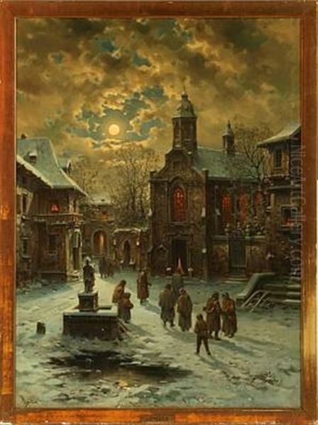 Winter In A City With People On Their Way To Church Oil Painting by Leonhard Paulus