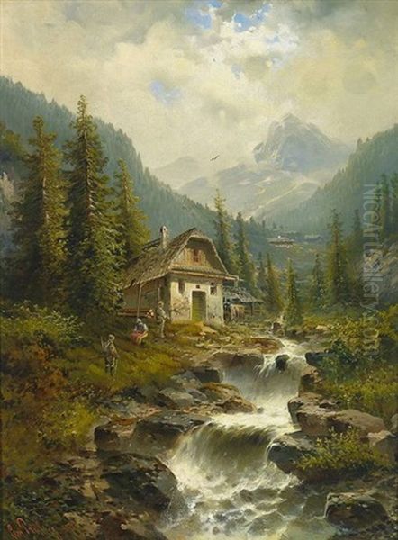 Alpenlandschaft Mit Katarakt Neben Alter Muhle Mit Figurenstaffage Oil Painting by Leonhard Paulus