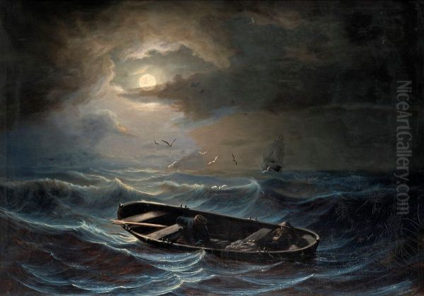 On A Stormy Sea Oil Painting by Nils Johan Olson Blommer