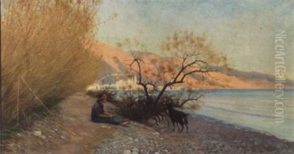 Gardienne De Chevre Sur La Plage Oil Painting by Edouard Jerome Paupion