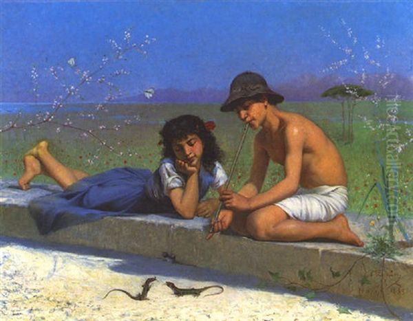 Les Enfants Aux Lezards Oil Painting by Edouard Jerome Paupion