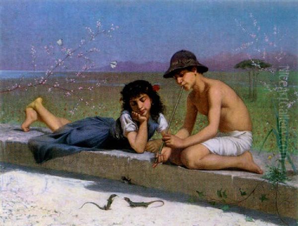 Charming The Lizards Oil Painting by Edouard Jerome Paupion