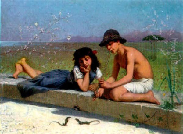 Charming The Lizards Oil Painting by Edouard Jerome Paupion