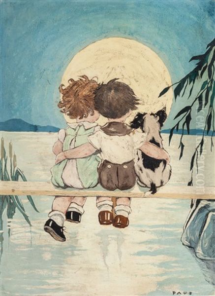 Two Children And Dog Oil Painting by Herbert Paus