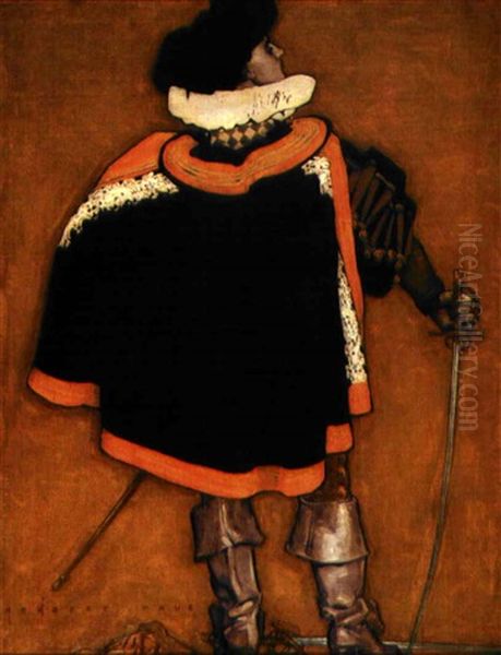 Cavalier With Cape And Drawn Sword Seen From Back Oil Painting by Herbert Paus