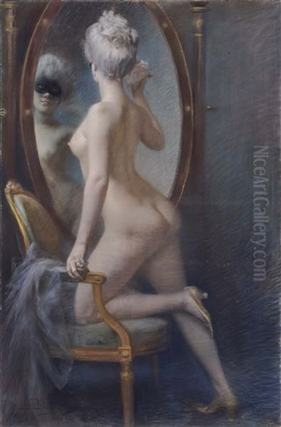 Female Nude In Front Of The Mirror Oil Painting by Clemens S. von Pausinger