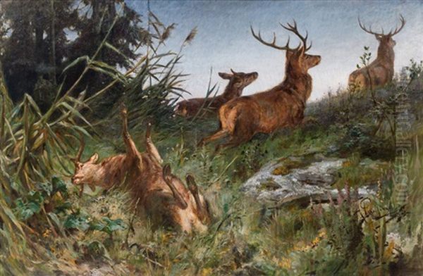 Fleeing Deer Oil Painting by Franz Xaver von Pausinger